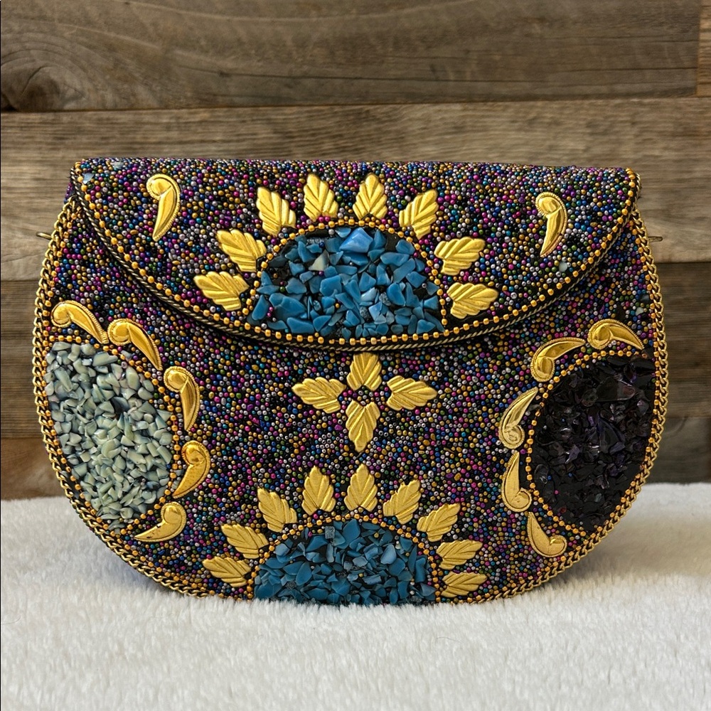 Ramla Handmade Multicolor Beaded Mosaic Clutch Bag With Gold Chain Brand New